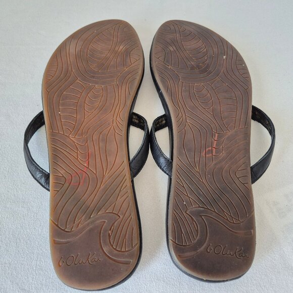 Olukai Hulali Black Leather Women's Flip Flop Slid-On Thong Sandal - Picture 9 of 9